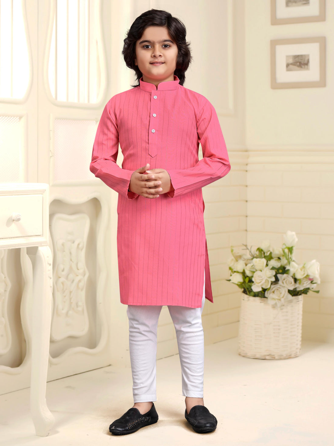 Pink Pure Soft Cotton Printed Kids Boy Kurta Pajama 