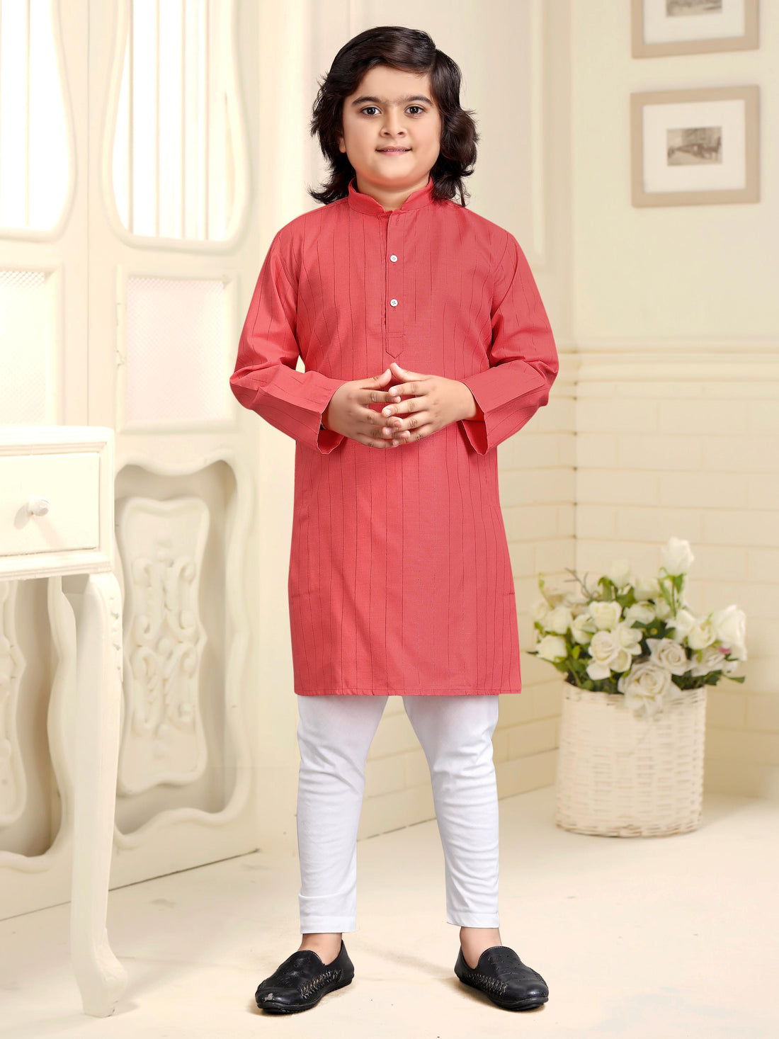 Peach Pure Soft Cotton Printed Kids Boy Kurta Pajama 