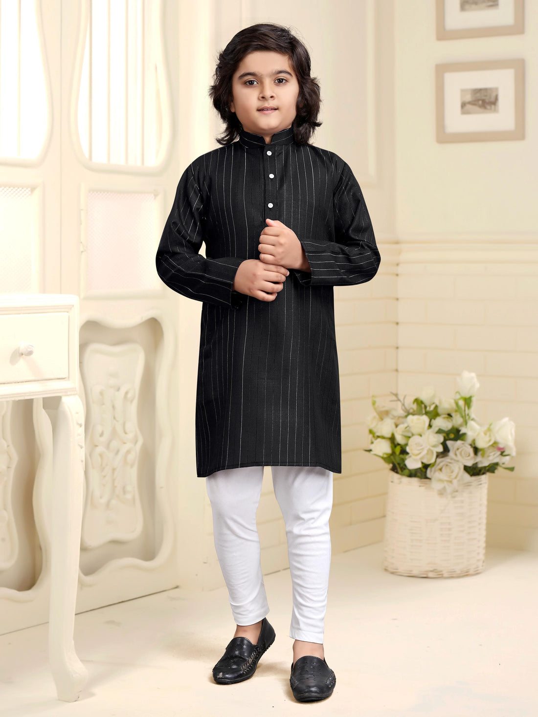 Black Pure Soft Cotton Printed Kids Boy Kurta Pajama 