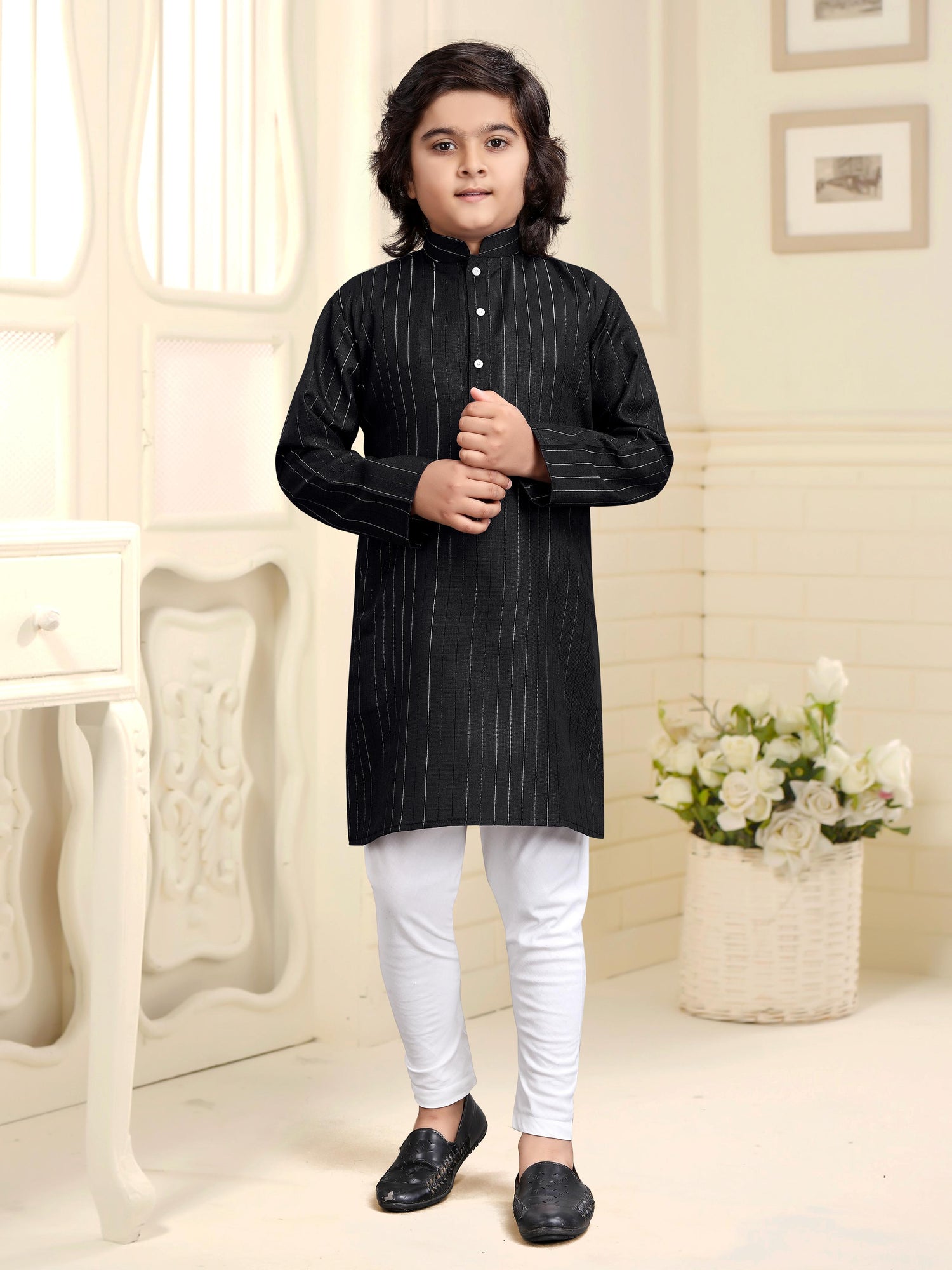 Black Pure Soft Cotton Printed Kids Boy Kurta Pajama 