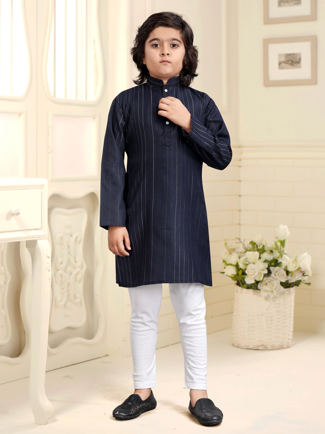 Navy Blue Pure Soft Cotton Printed Kids Boy Kurta Pajama 
