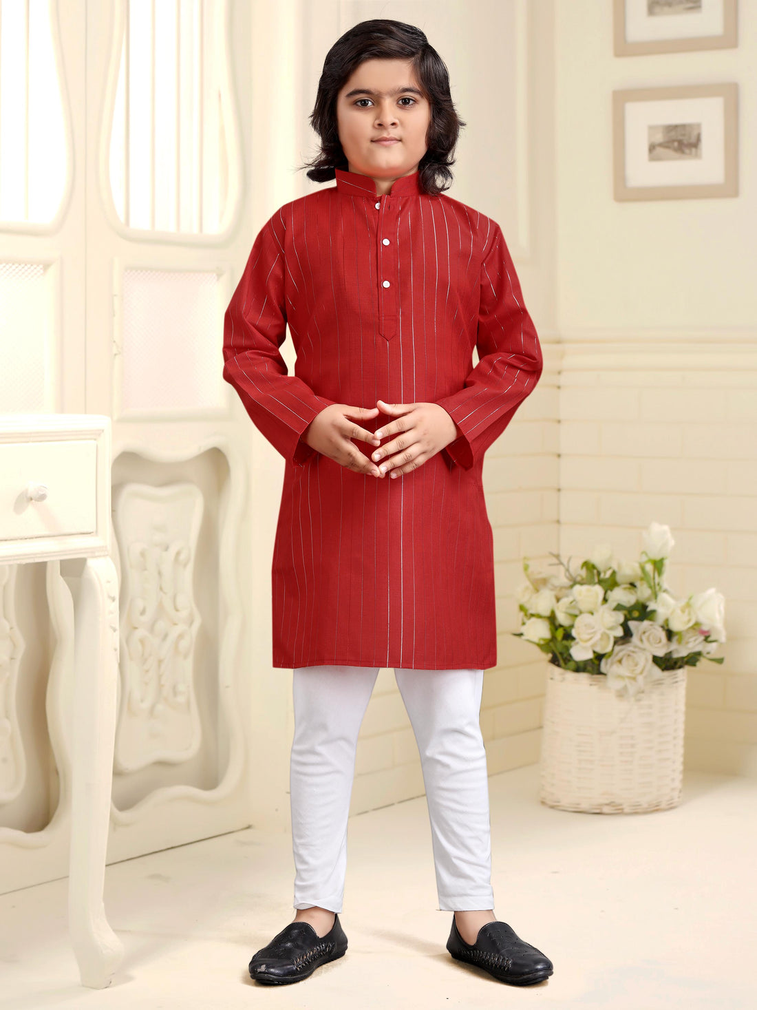 Red Pure Soft Cotton Printed Kids Boy Kurta Pajama 