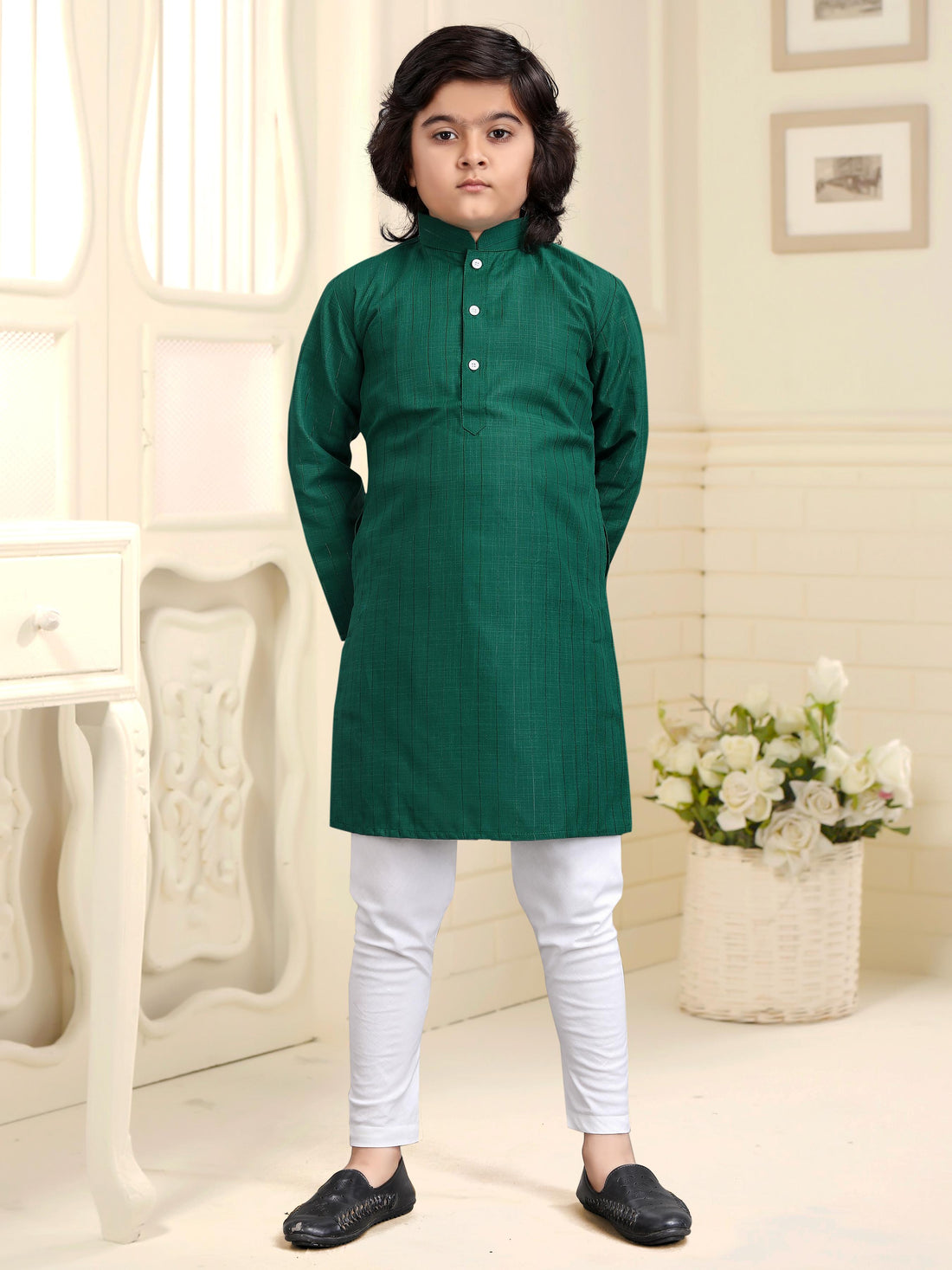 Green Pure Soft Cotton Printed Kids Boy Kurta Pajama 