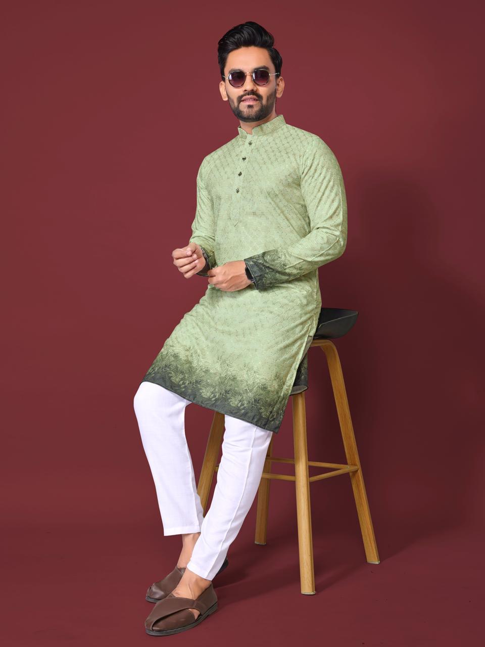 Green Pure Cotton Reyon Printed with Embroidery sequins Work Kurta Pajama 