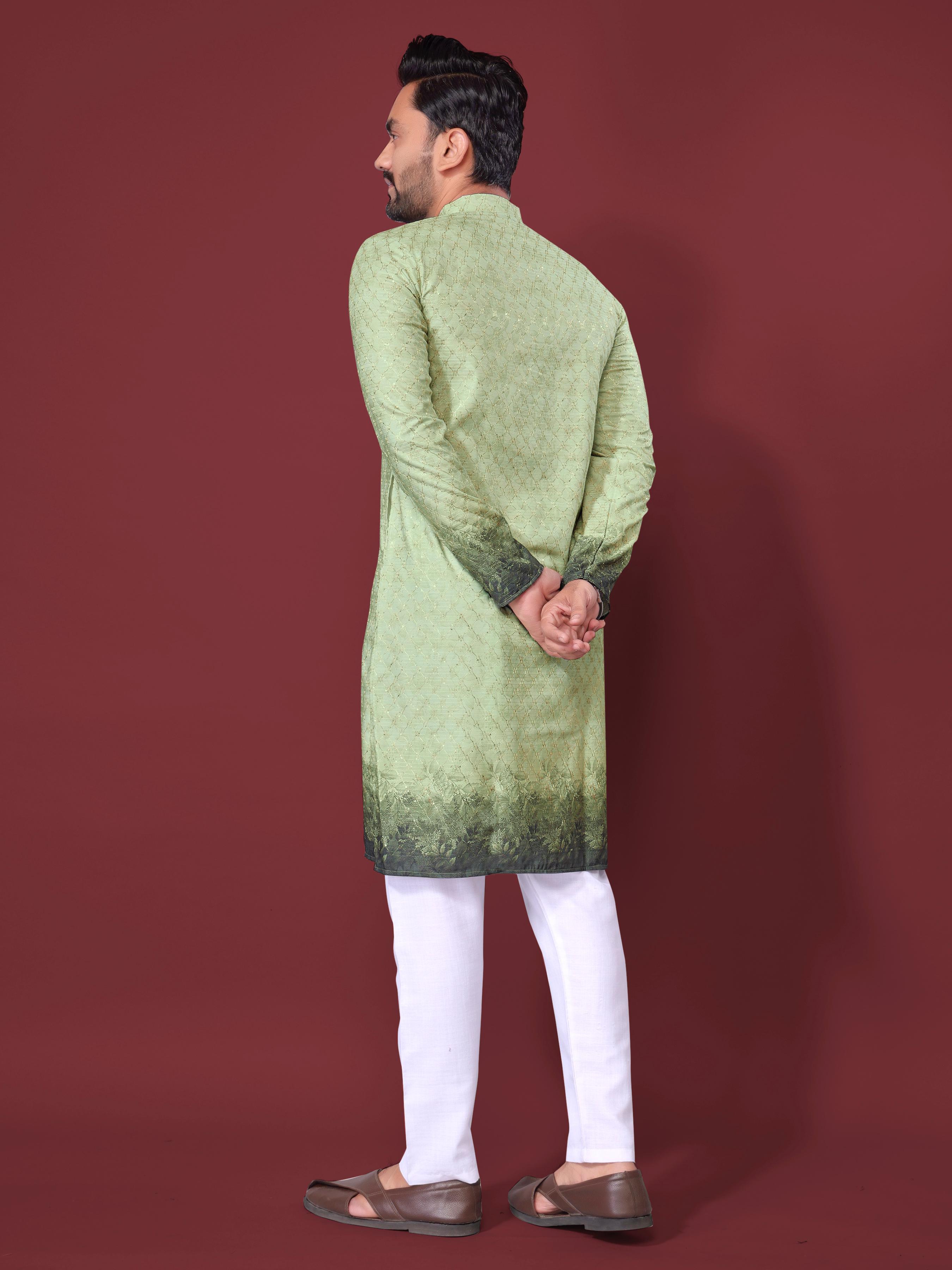 Green Pure Cotton Reyon Printed with Embroidery sequins Work Kurta Pajama 