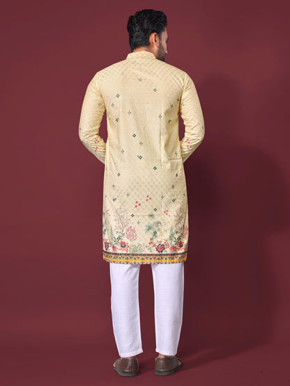 Yellow Pure Cotton Reyon Printed with Embroidery sequins Work Kurta Pajama 
