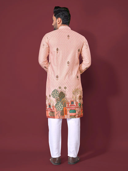 Peach Pure Cotton Reyon Printed with Embroidery sequins Work Kurta Pajama 