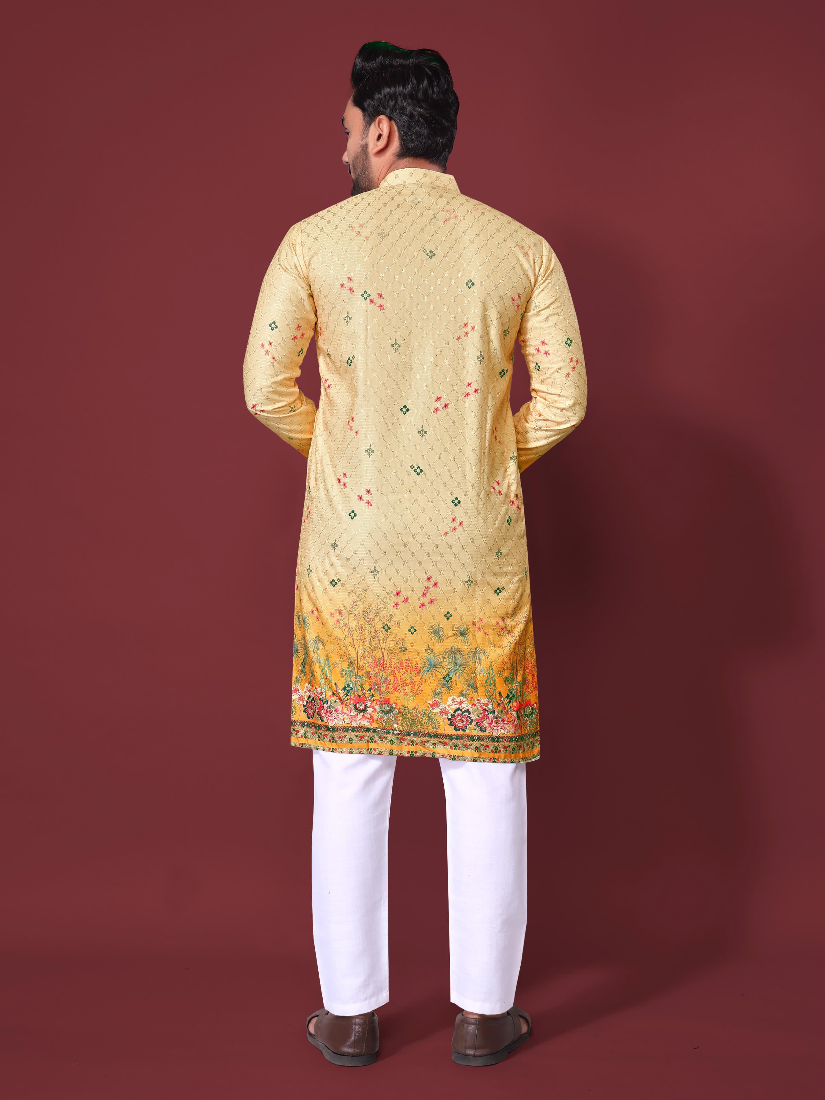 Yellow Pure Cotton Reyon Printed with Embroidery sequins Work Kurta Pajama 