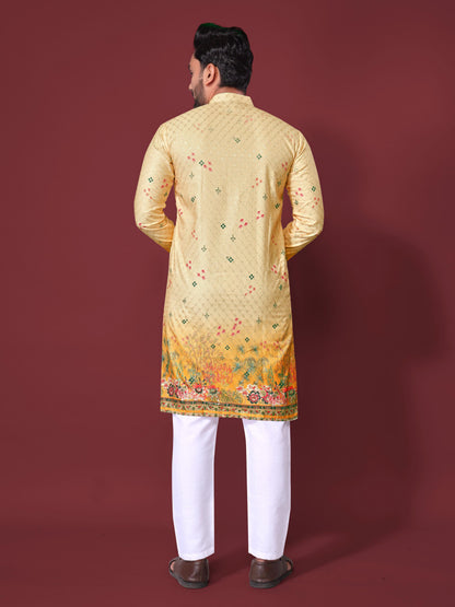 Yellow Pure Cotton Reyon Printed with Embroidery sequins Work Kurta Pajama 