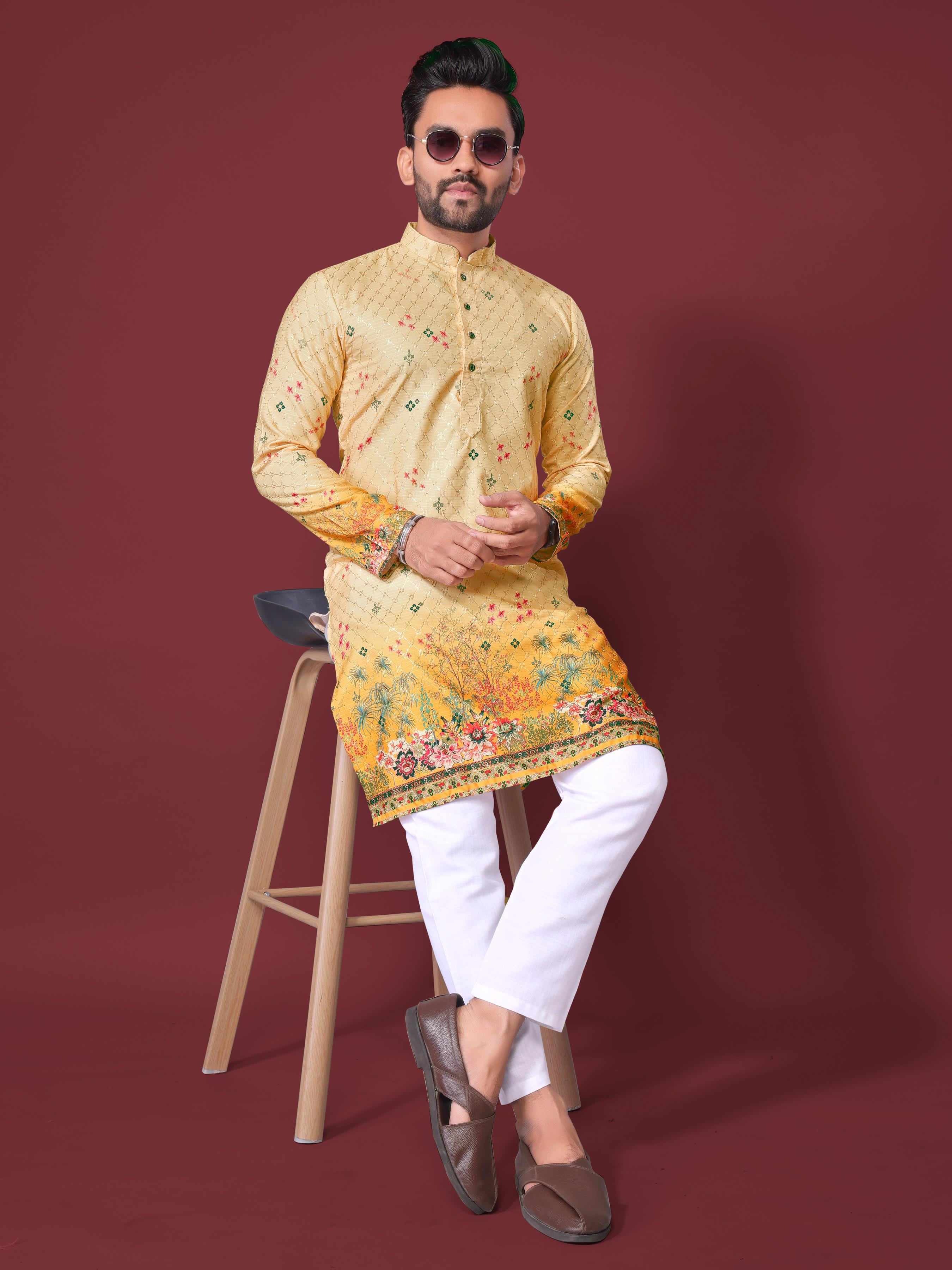 Yellow Pure Cotton Reyon Printed with Embroidery sequins Work Kurta Pajama 
