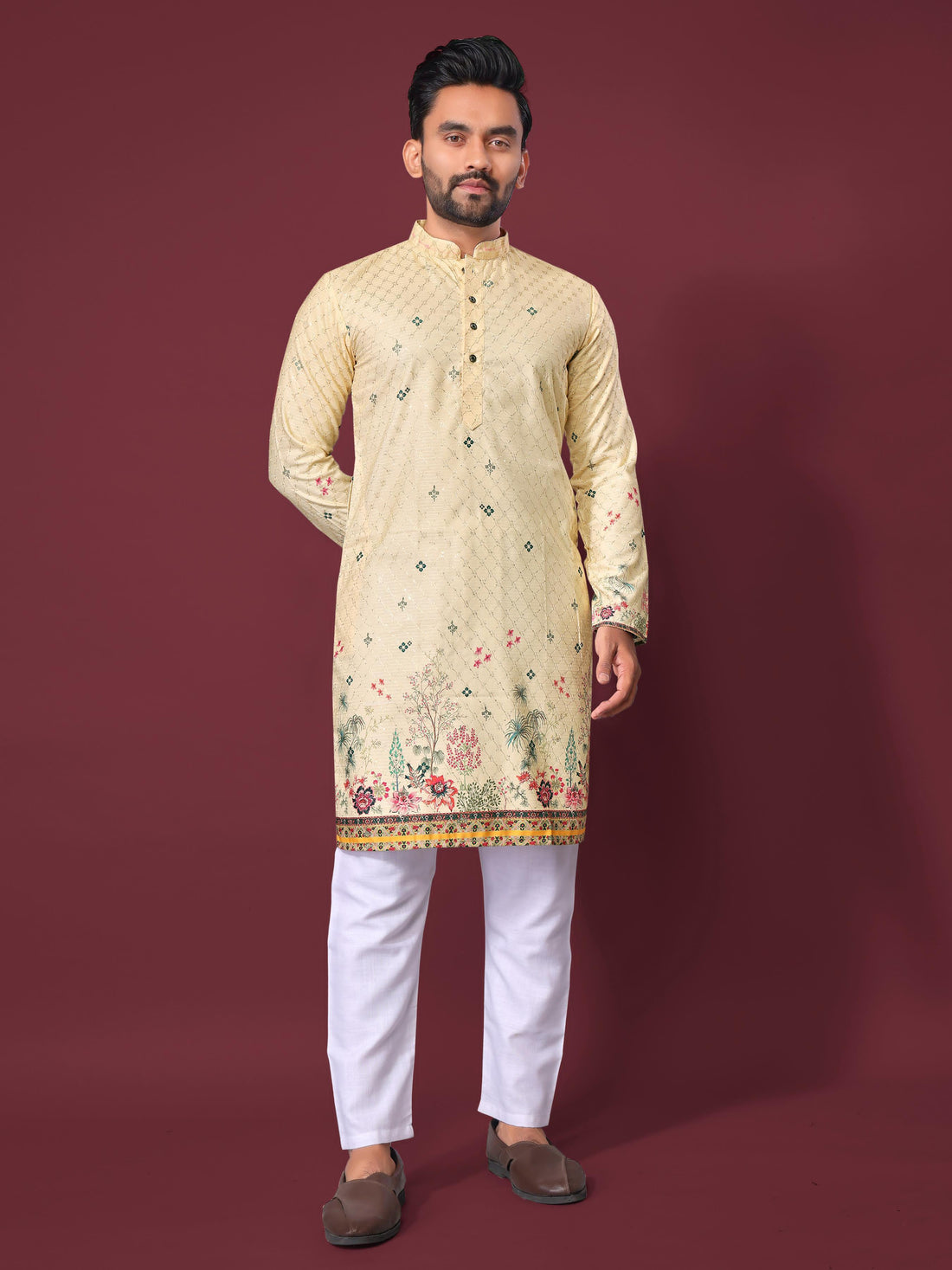 Yellow Pure Cotton Reyon Printed with Embroidery sequins Work Kurta Pajama 