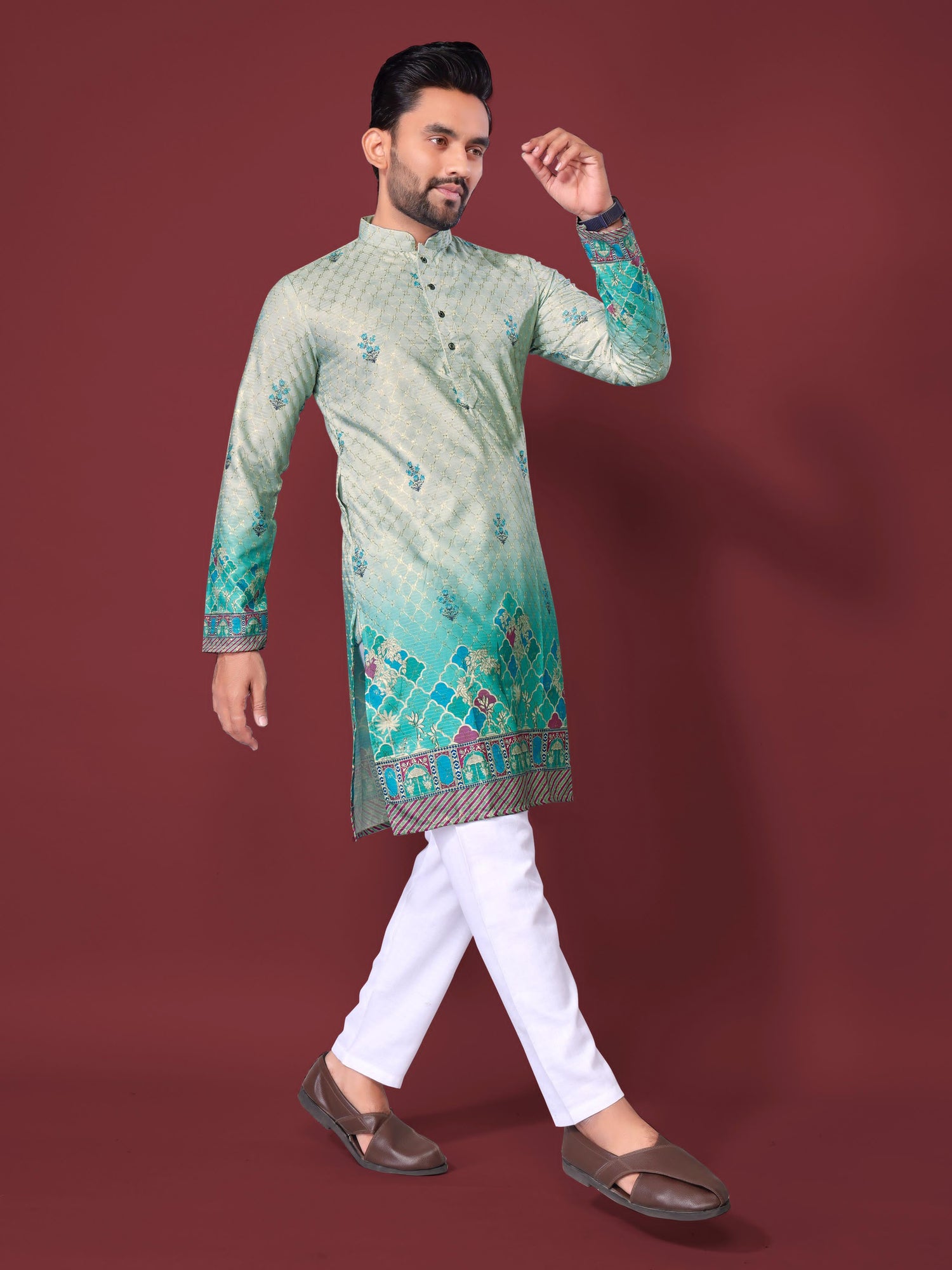 Sea Green Pure Cotton Reyon Printed with Embroidery sequins Work Kurta Pajama 
