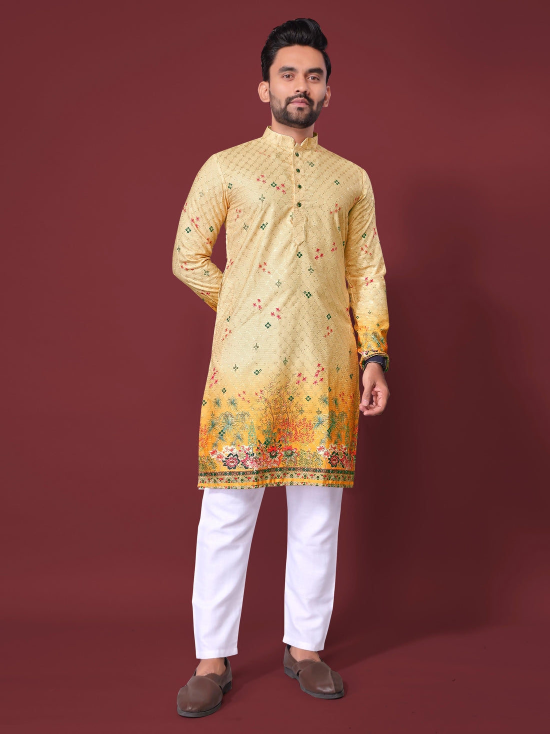 Yellow Pure Cotton Reyon Printed with Embroidery sequins Work Kurta Pajama 