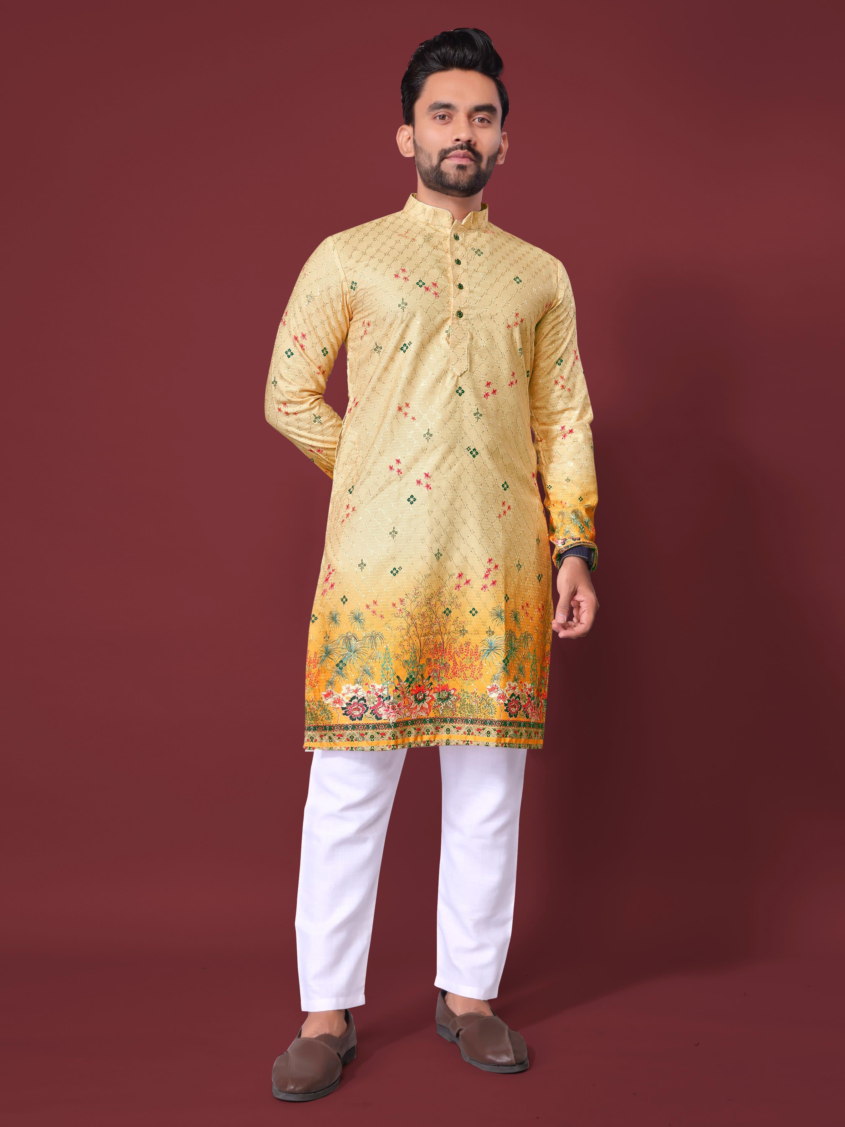 Yellow Pure Cotton Reyon Printed with Embroidery sequins Work Kurta Pajama 