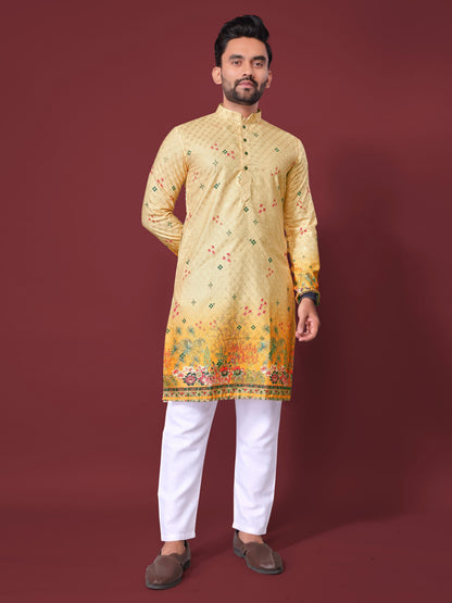 Yellow Pure Cotton Reyon Printed with Embroidery sequins Work Kurta Pajama 