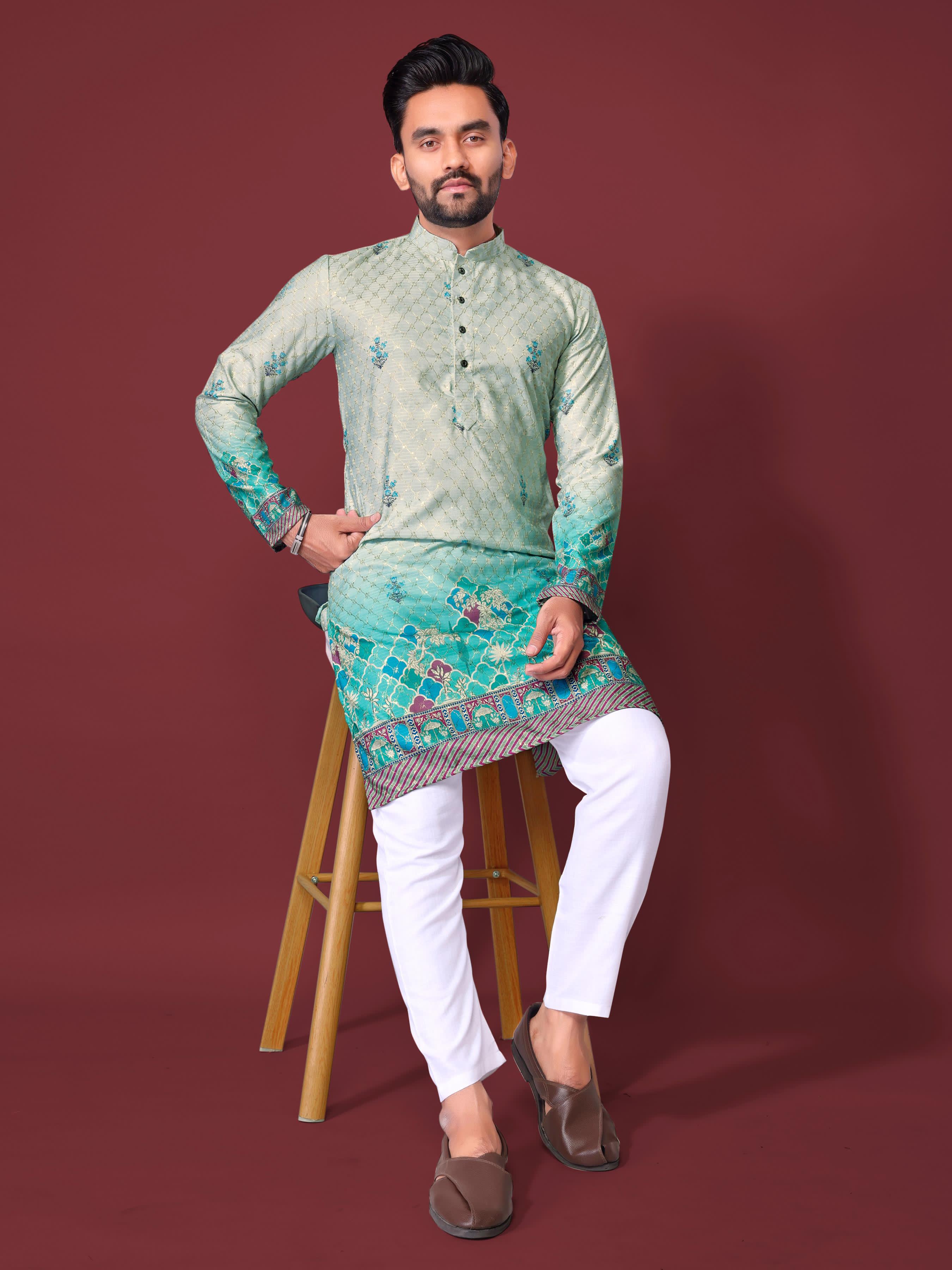 Sea Green Pure Cotton Reyon Printed with Embroidery sequins Work Kurta Pajama 