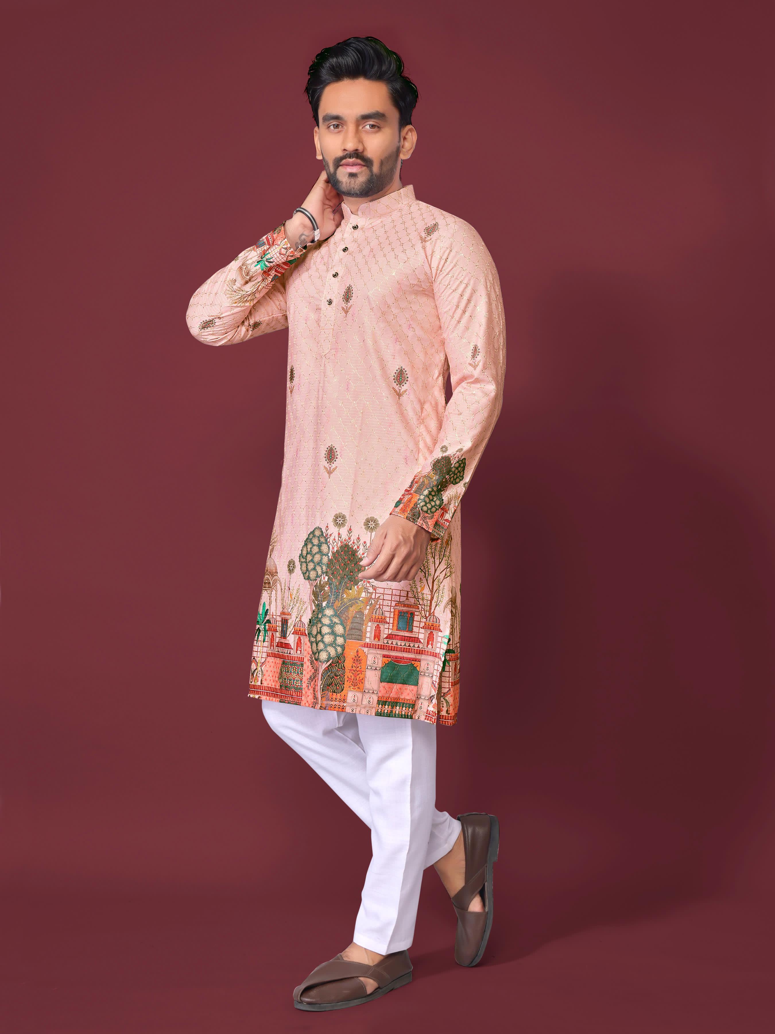 Peach Pure Cotton Reyon Printed with Embroidery sequins Work Kurta Pajama 