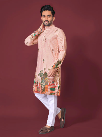 Peach Pure Cotton Reyon Printed with Embroidery sequins Work Kurta Pajama 