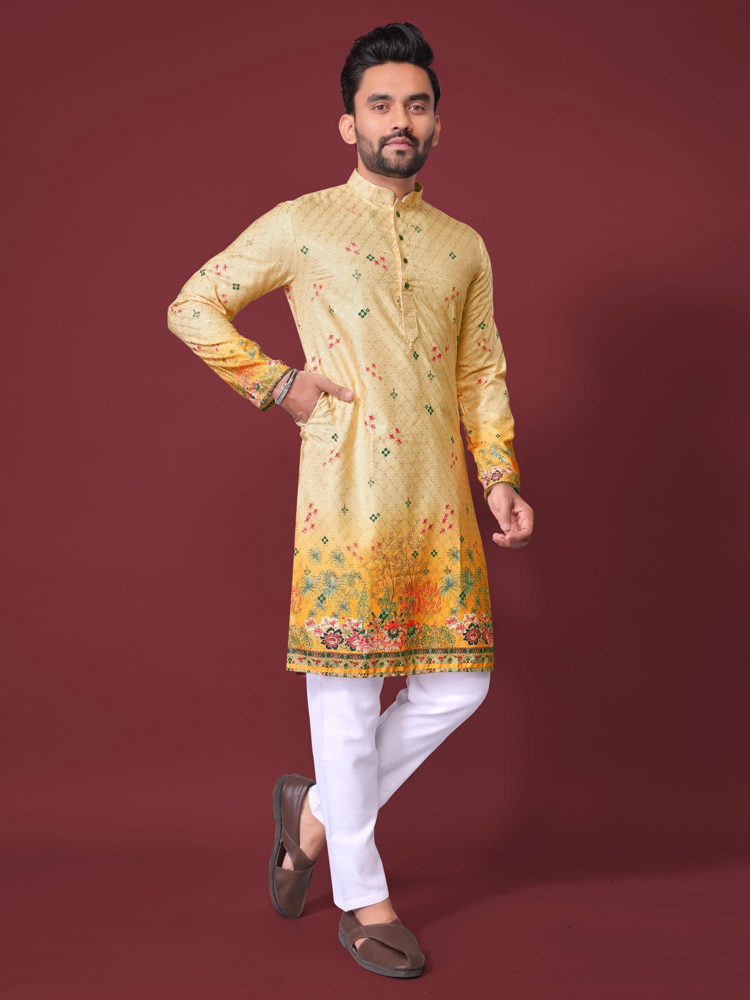 Yellow Pure Cotton Reyon Printed with Embroidery sequins Work Kurta Pajama 