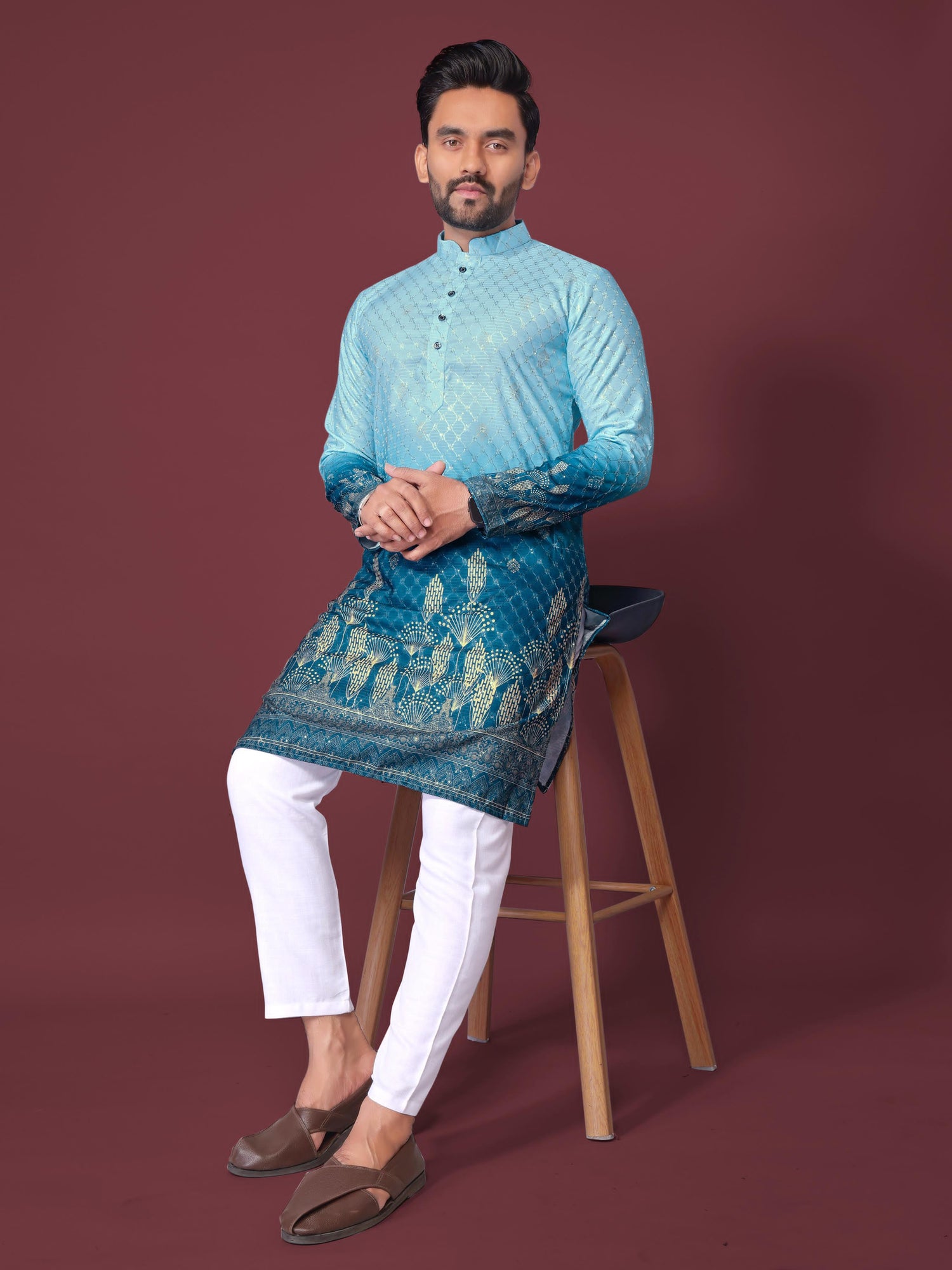 Sky Pure Cotton Reyon Printed with Embroidery sequins Work Kurta Pajama 