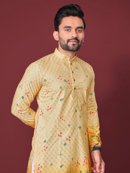 Yellow Pure Cotton Reyon Printed with Embroidery sequins Work Kurta Pajama 