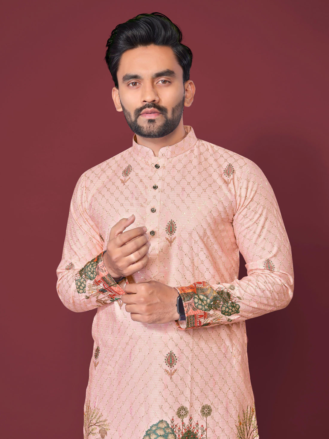 Peach Pure Cotton Reyon Printed with Embroidery sequins Work Kurta Pajama 