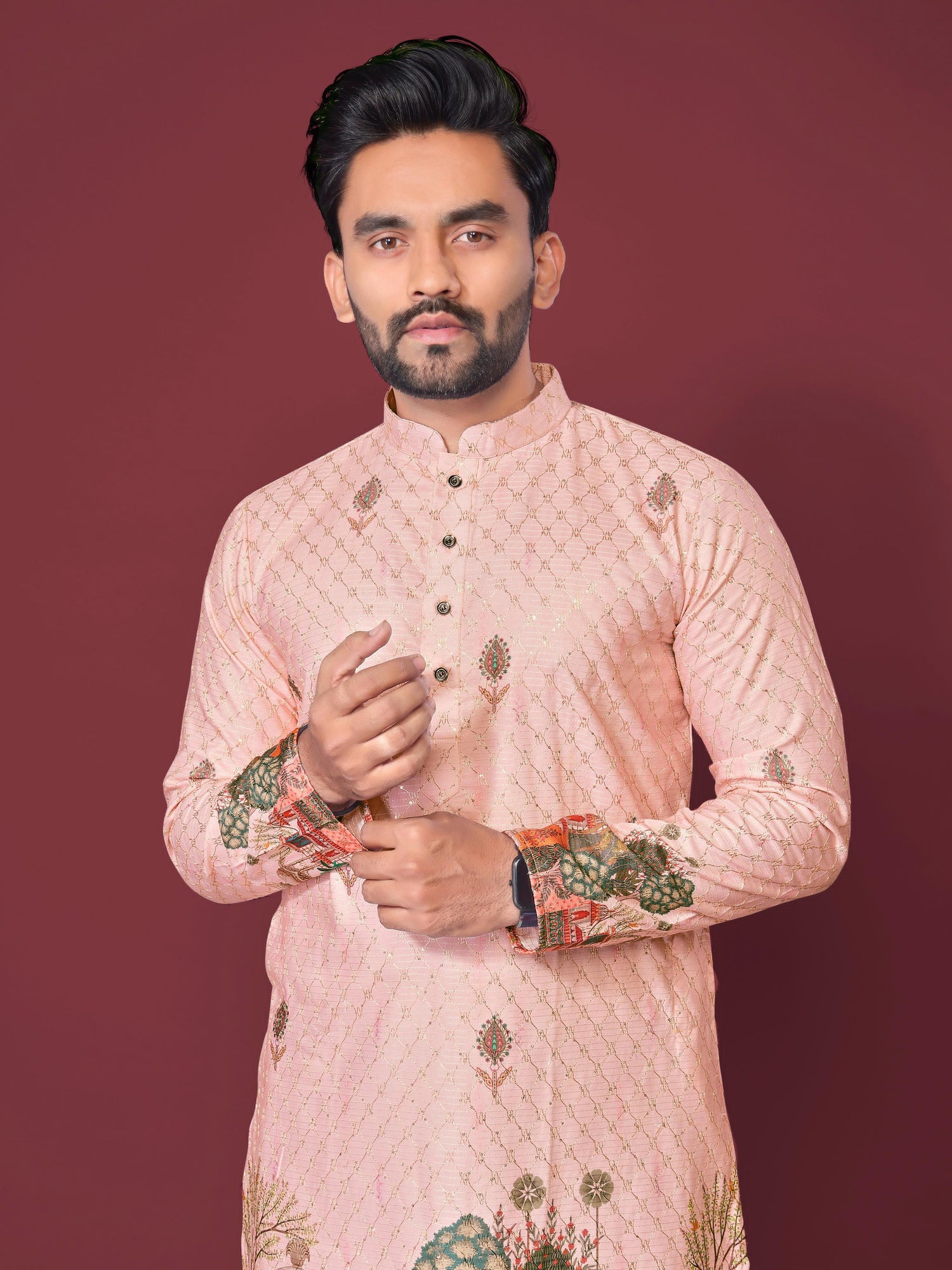 Peach Pure Cotton Reyon Printed with Embroidery sequins Work Kurta Pajama 