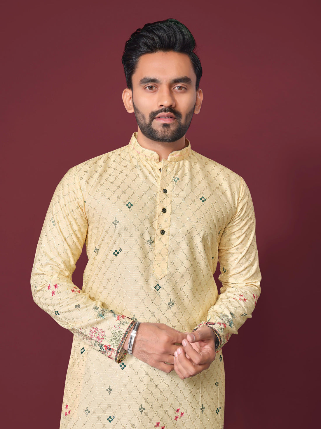 Yellow Pure Cotton Reyon Printed with Embroidery sequins Work Kurta Pajama 