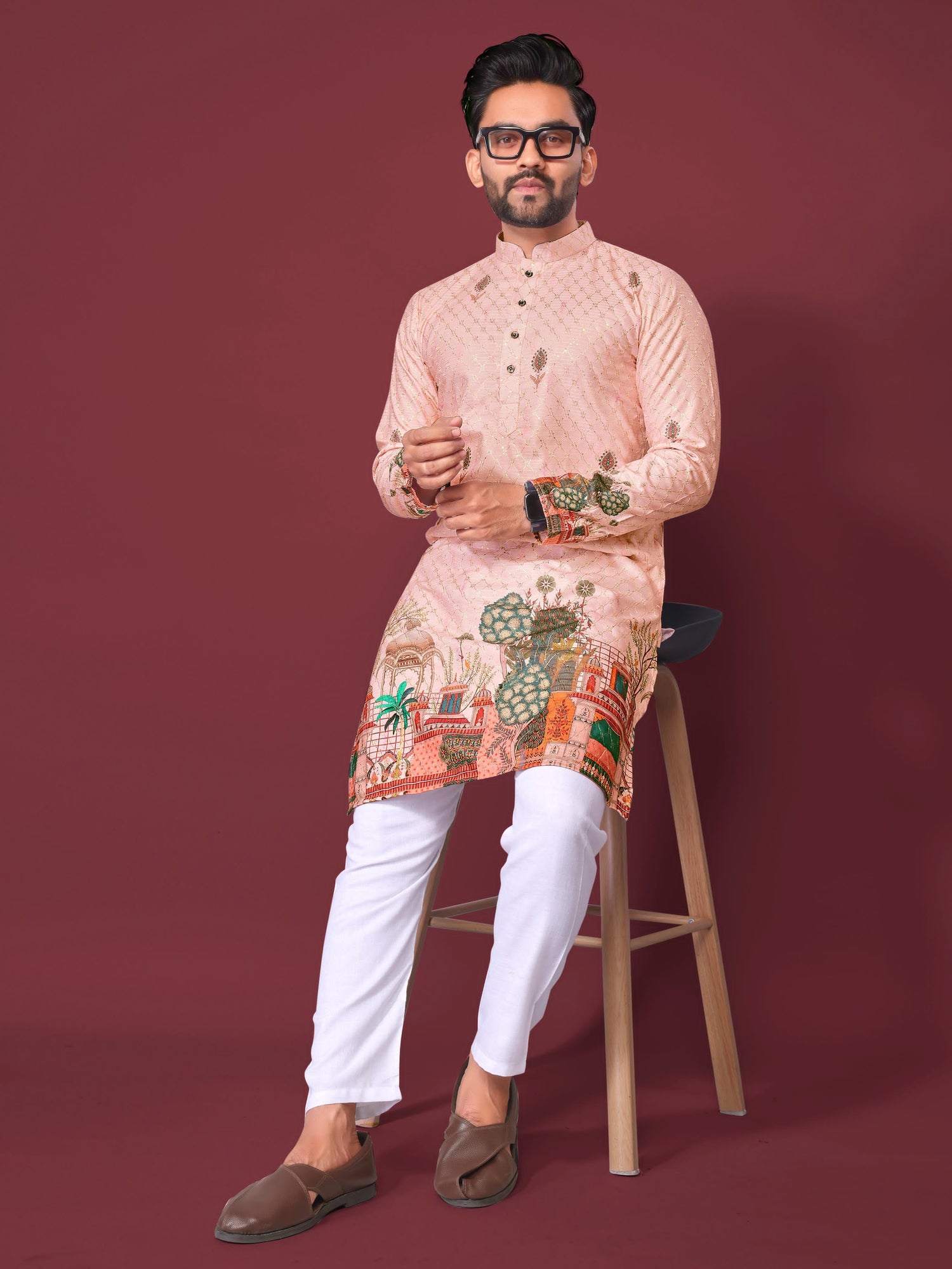 Peach Pure Cotton Reyon Printed with Embroidery sequins Work Kurta Pajama 
