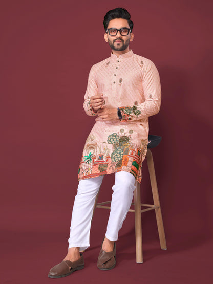 Peach Pure Cotton Reyon Printed with Embroidery sequins Work Kurta Pajama 