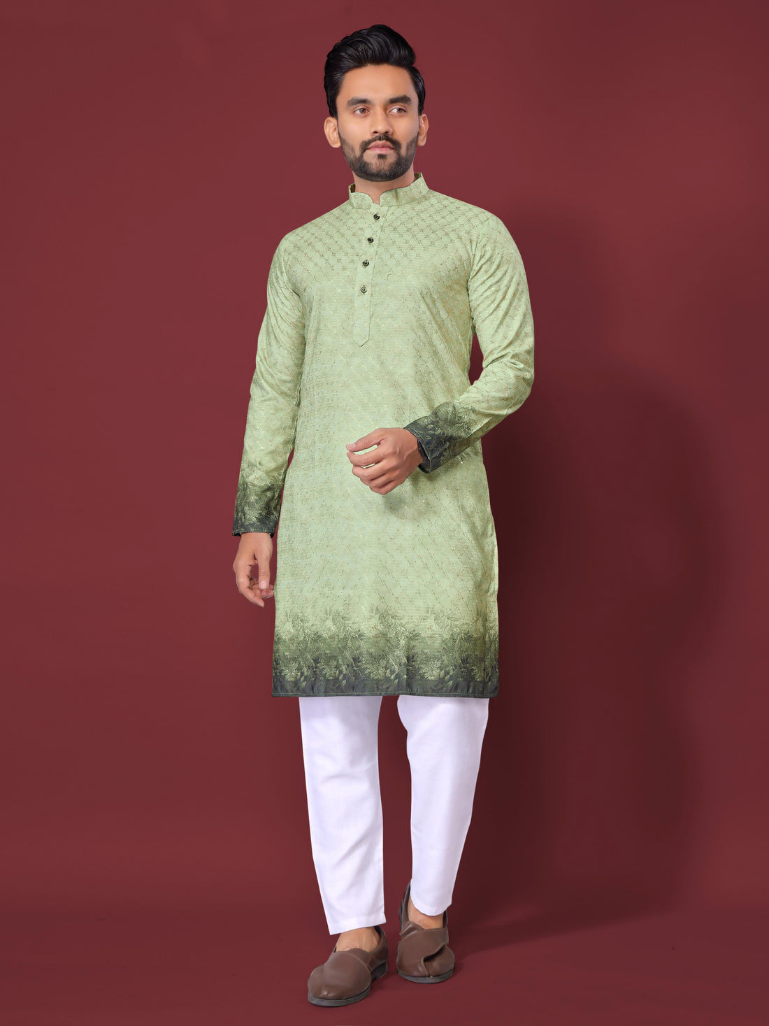 Green Pure Cotton Reyon Printed with Embroidery sequins Work Kurta Pajama 