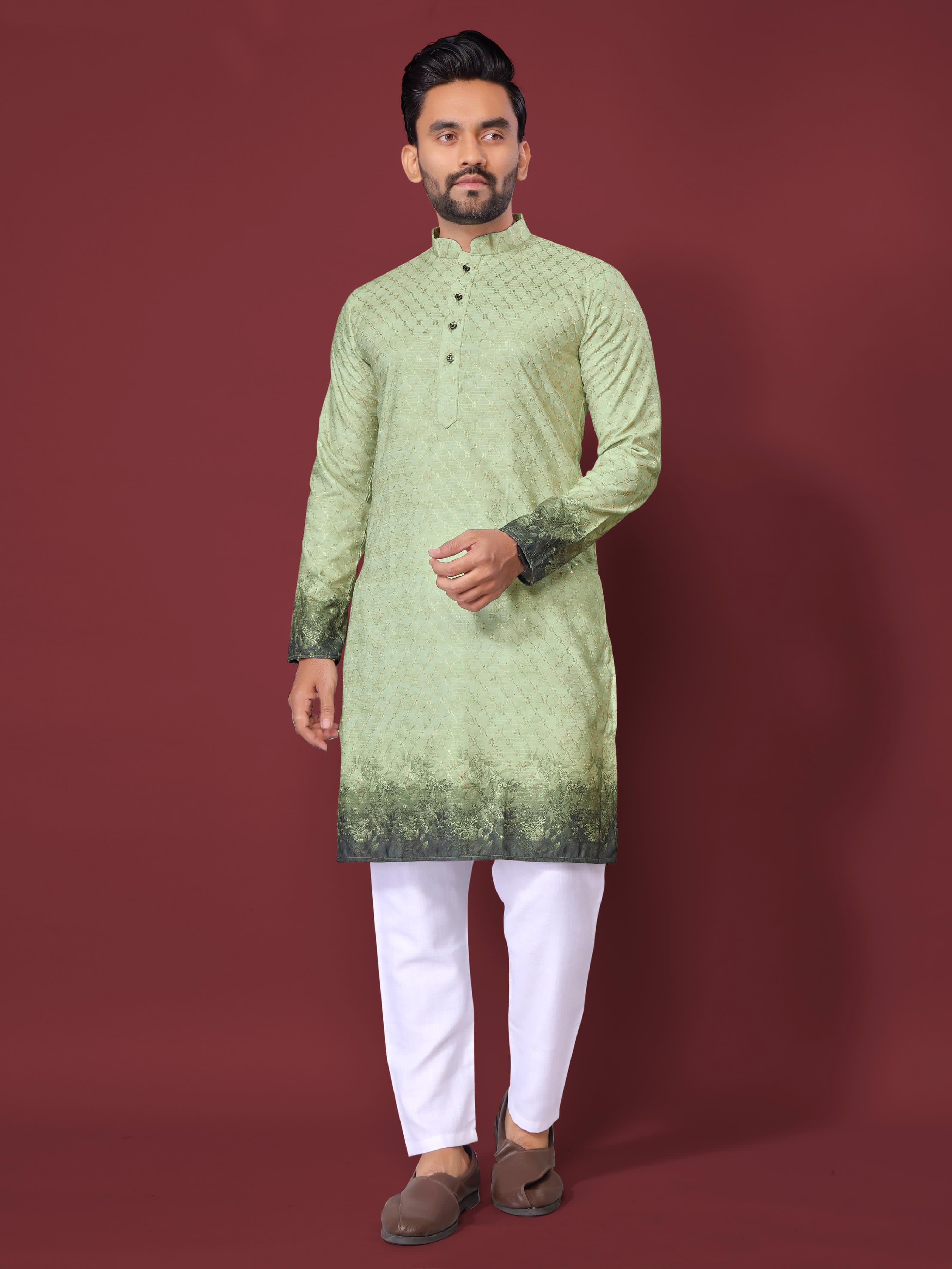 Green Pure Cotton Reyon Printed with Embroidery sequins Work Kurta Pajama 