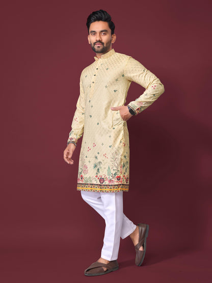 Yellow Pure Cotton Reyon Printed with Embroidery sequins Work Kurta Pajama 