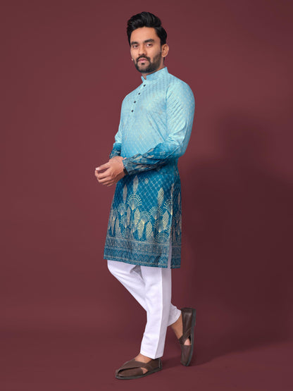 Sky Pure Cotton Reyon Printed with Embroidery sequins Work Kurta Pajama 