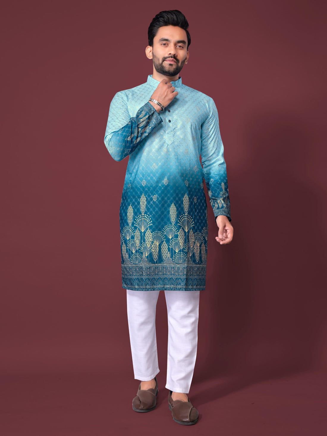 Sky Pure Cotton Reyon Printed with Embroidery sequins Work Kurta Pajama 