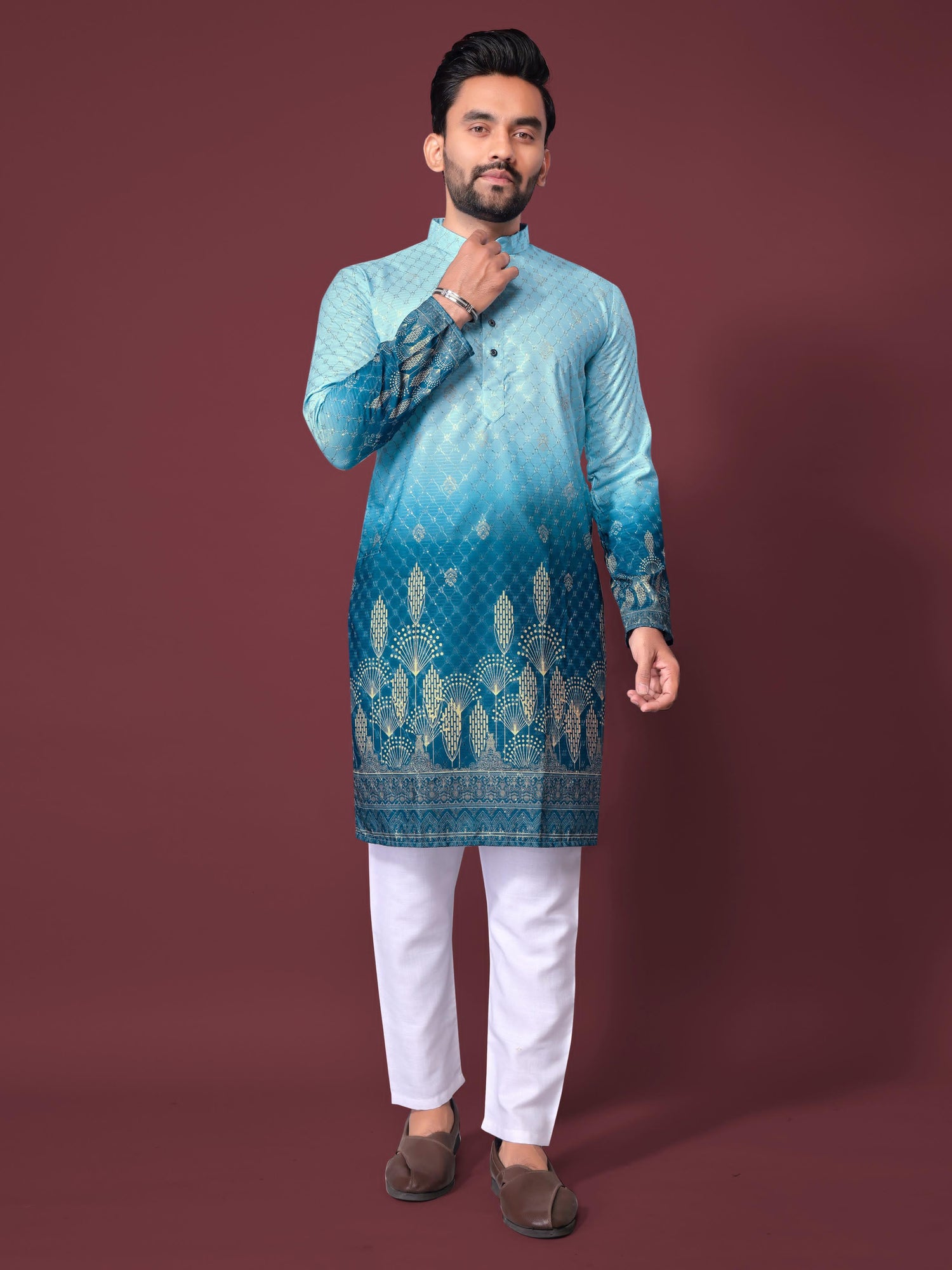 Sky Pure Cotton Reyon Printed with Embroidery sequins Work Kurta Pajama 