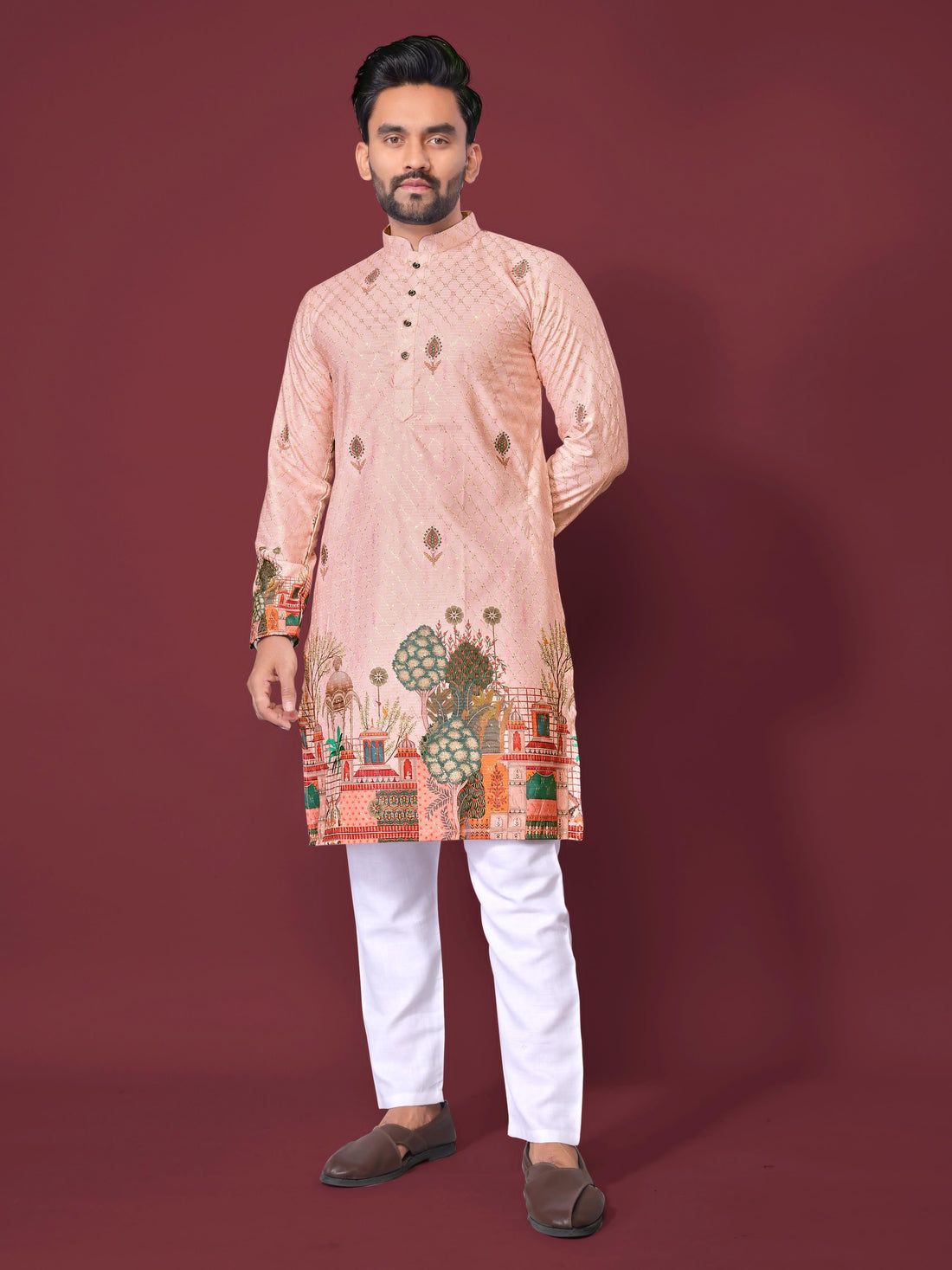 Peach Pure Cotton Reyon Printed with Embroidery sequins Work Kurta Pajama 