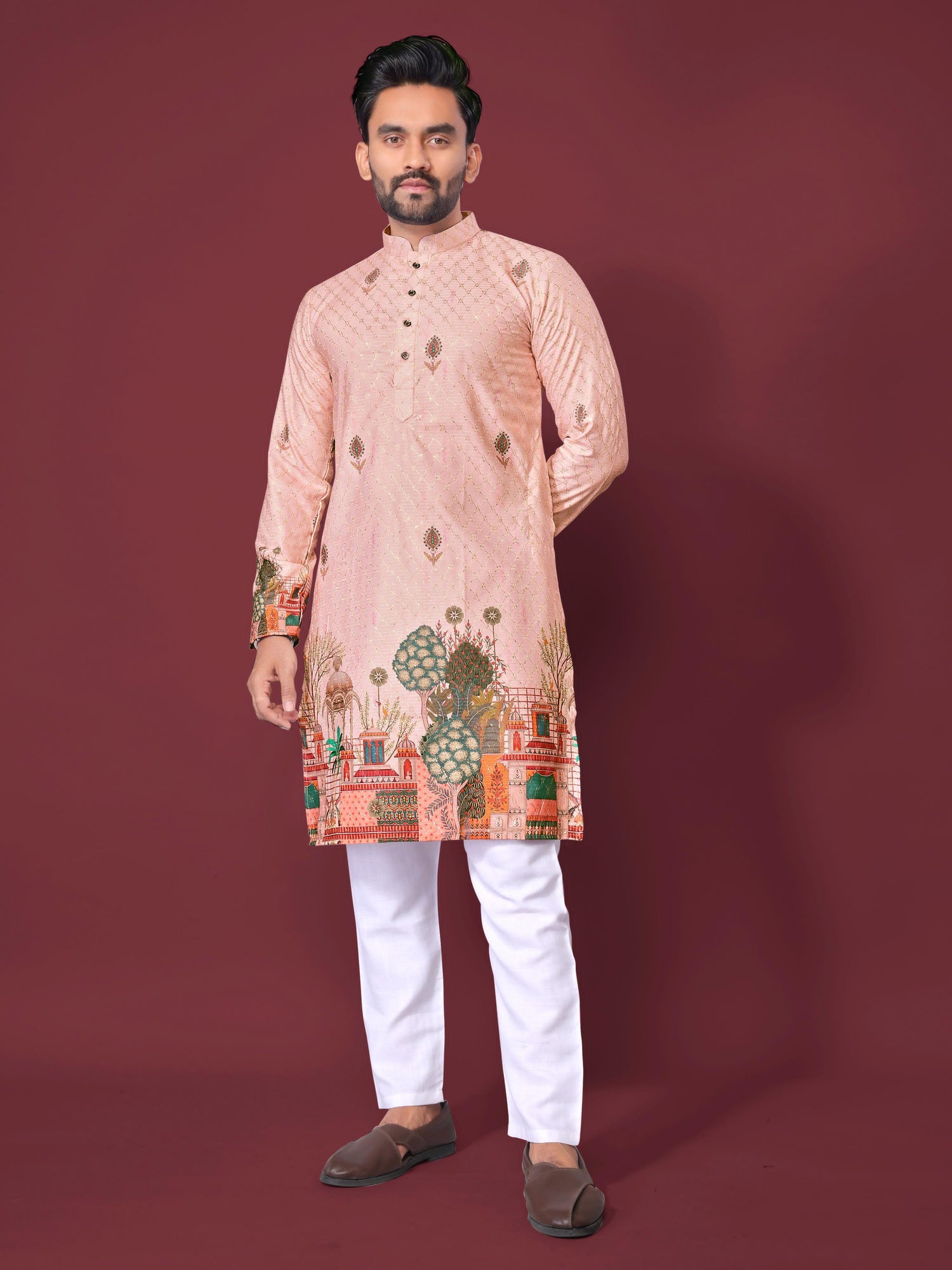 Peach Pure Cotton Reyon Printed with Embroidery sequins Work Kurta Pajama 