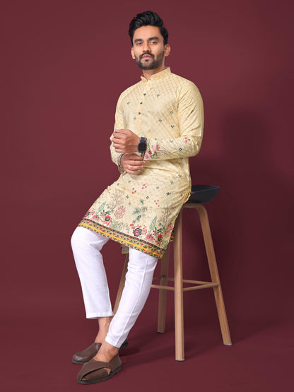Yellow Pure Cotton Reyon Printed with Embroidery sequins Work Kurta Pajama 