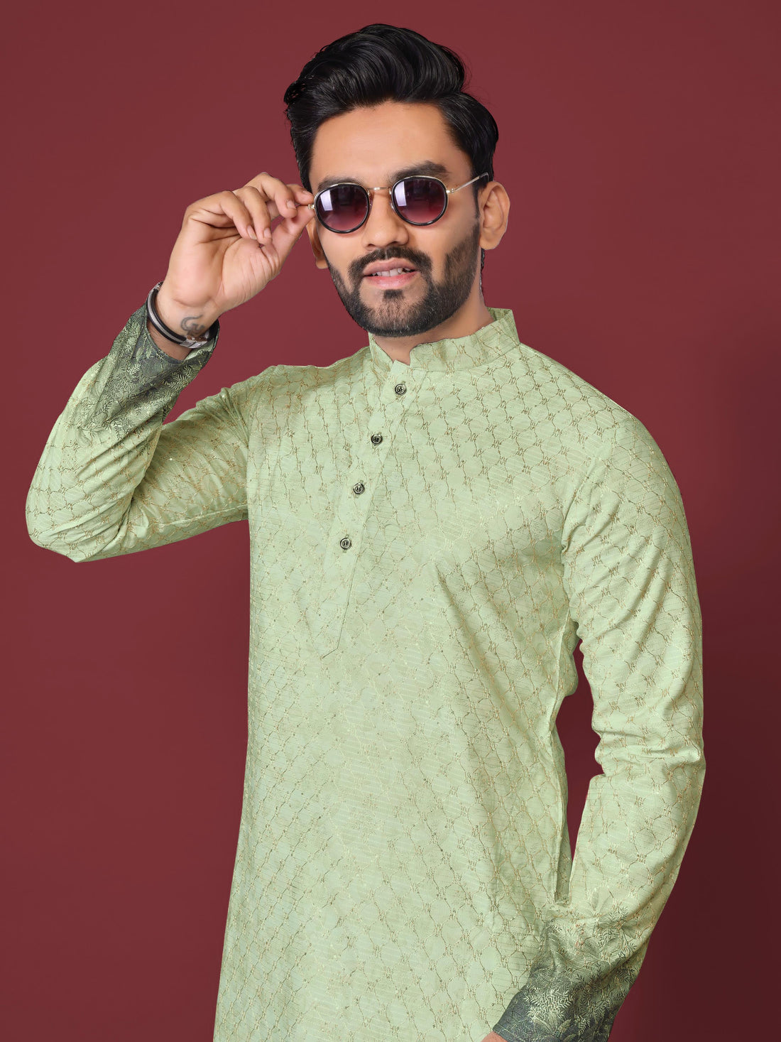 Green Pure Cotton Reyon Printed with Embroidery sequins Work Kurta Pajama 