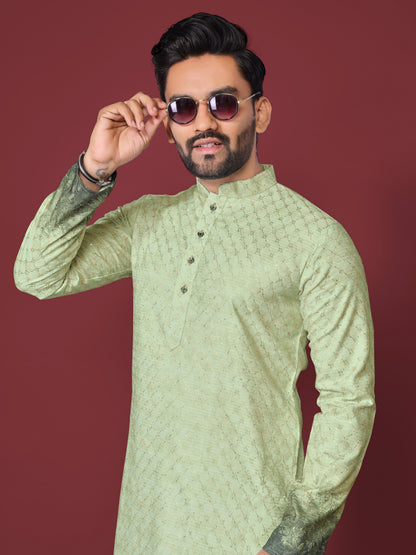 Green Pure Cotton Reyon Printed with Embroidery sequins Work Kurta Pajama 