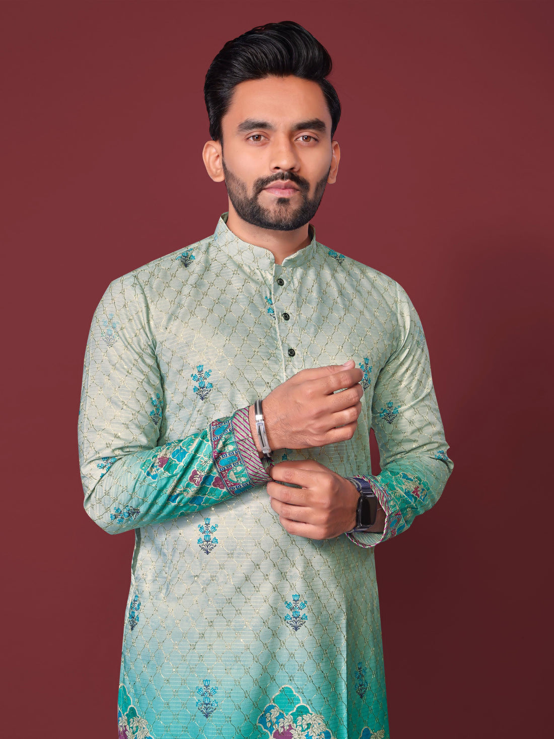 Sea Green Pure Cotton Reyon Printed with Embroidery sequins Work Kurta Pajama 