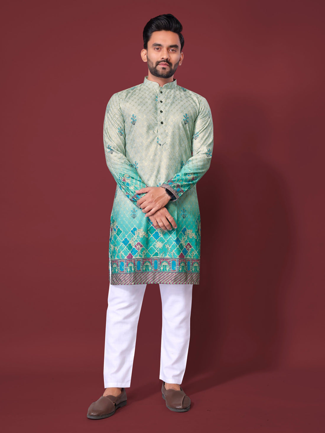 Sea Green Pure Cotton Reyon Printed with Embroidery sequins Work Kurta Pajama 