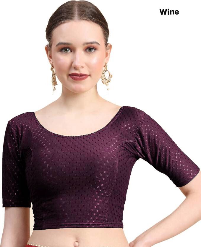 Wine Dobby Cotton Lycra Elegant Round Neck Design Stretchable Blouse 