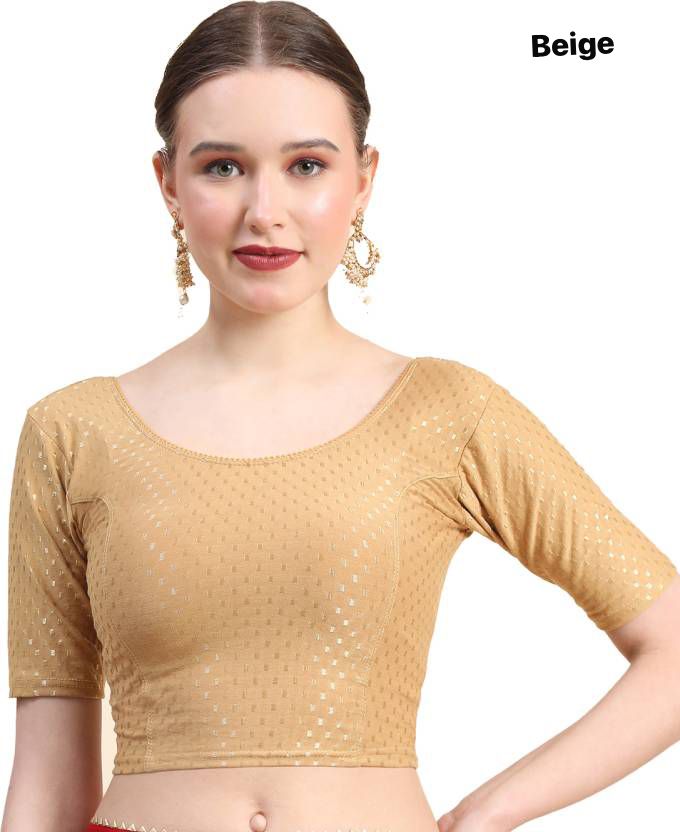 Beige Dobby Cotton Lycra Elegant Round Neck Design Stretchable Blouse 