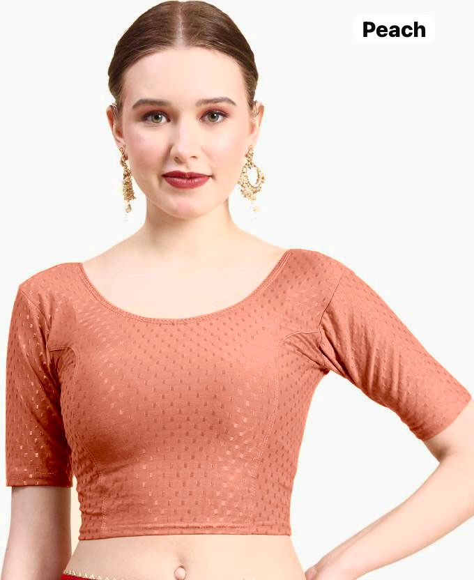 Peach Dobby Cotton Lycra Elegant Round Neck Design Stretchable Blouse 