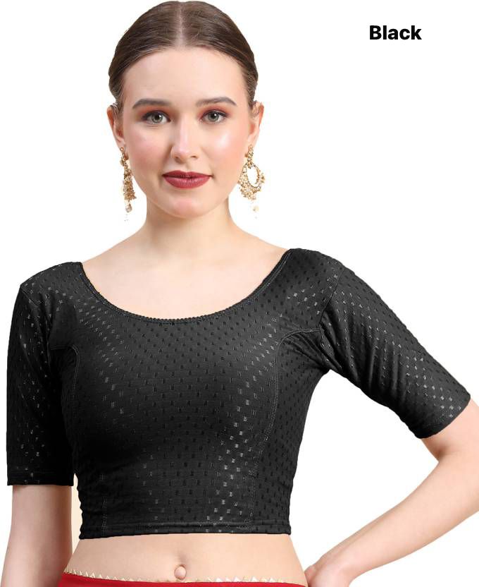 Black Dobby Cotton Lycra Elegant Round Neck Design Stretchable Blouse 