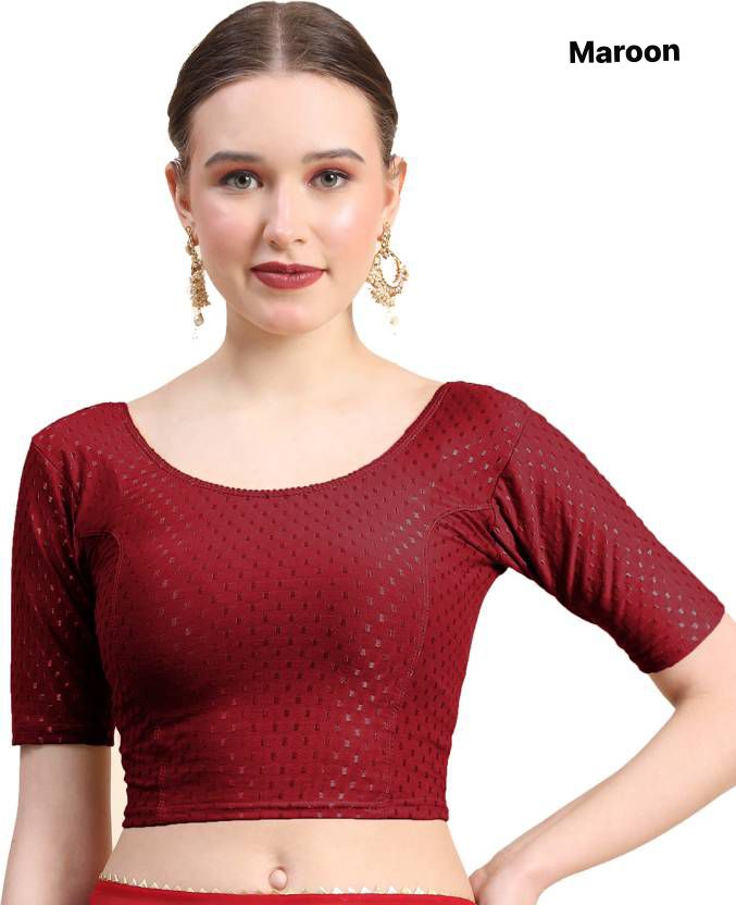 Maroon Dobby Cotton Lycra Elegant Round Neck Design Stretchable Blouse 