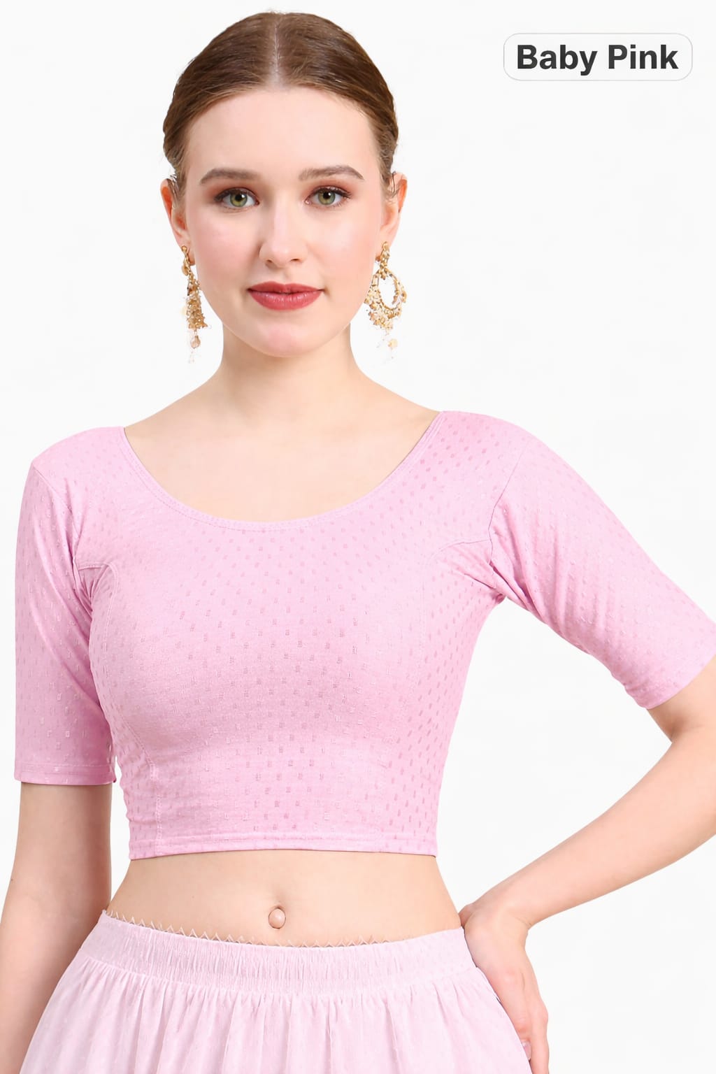 Baby Pink Dobby Cotton Lycra Elegant Round Neck Design Stretchable Blouse 