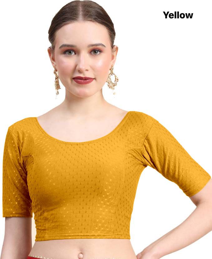 Yellow Dobby Cotton Lycra Elegant Round Neck Design Stretchable Blouse 